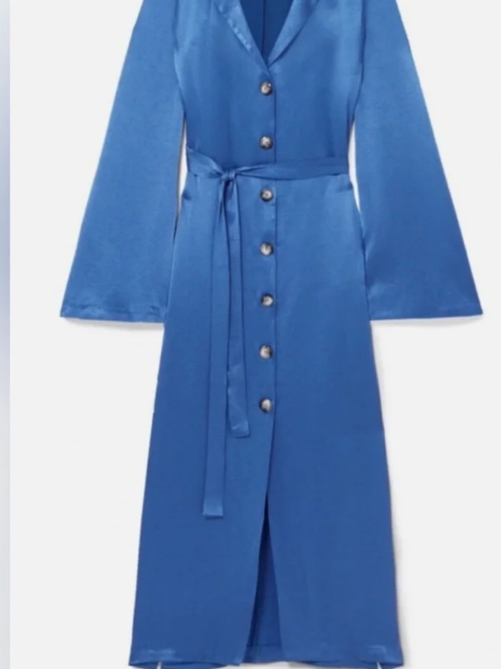 STAUD Blue Satin Buttons, Long Bell Sleeve Dress